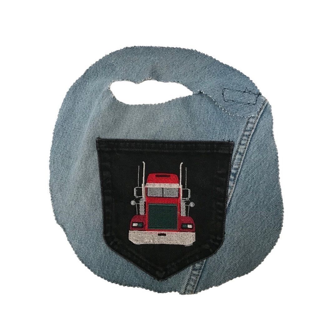 Handmade Mac truck embroidered recycle denim bib 0S